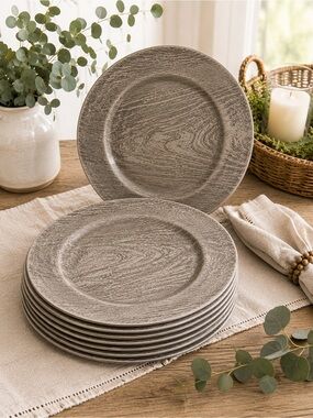 Set of 8 Gray Faux Wood Charger Plates 13” Plastic Rustic Farmhouse Table